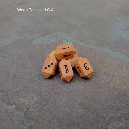 Cherry Hardwood Barrell D4 Dice with Pips, Numbers and Roman Numerals Symbols. 