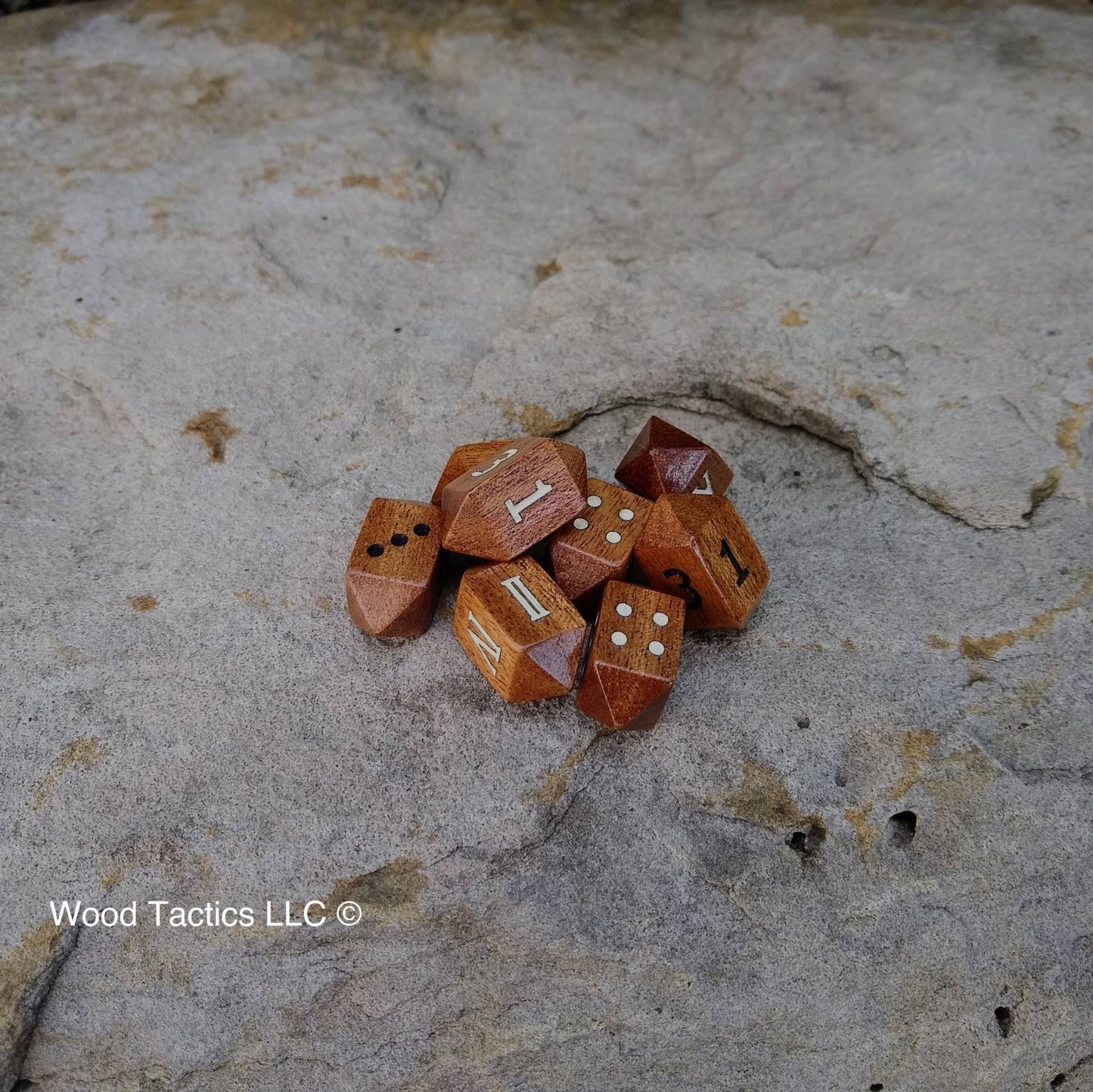 Sapele Hardwood Barrell D4 Dice with Pips, Numbers and Roman Numerals Symbols. 