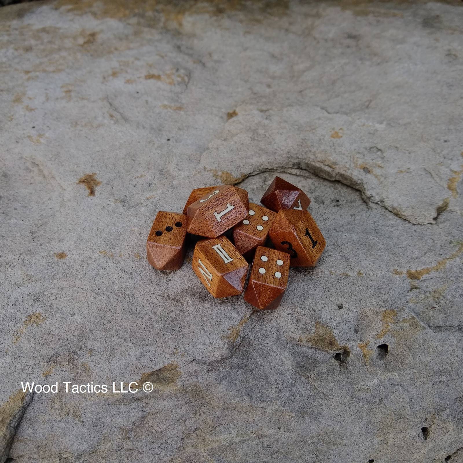Sapele Hardwood Barrell D4 Dice with Pips, Numbers and Roman Numerals Symbols. 