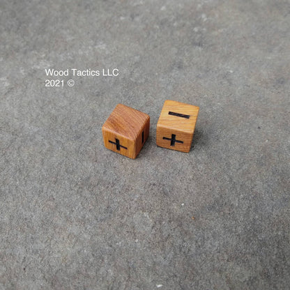 Hickory Hardwood D6 dice with Fate RPG +/- symbols.