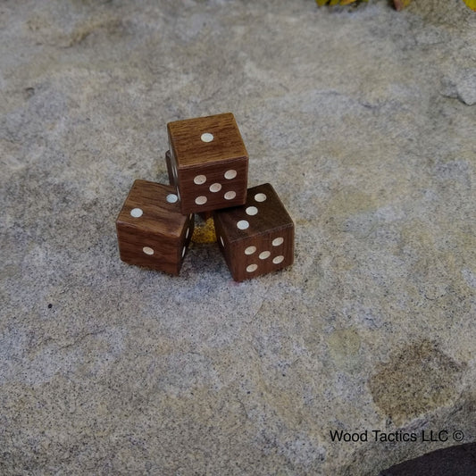 Walnut Hardwood D6 Dice with Pips and with white ink.
