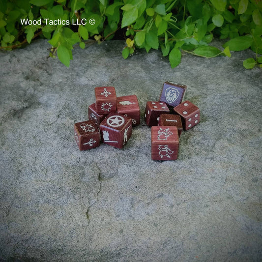 Purple Hardwood D6 Dice with Heroquest, Memoir 44, Pips, Numbers and more and with white ink.