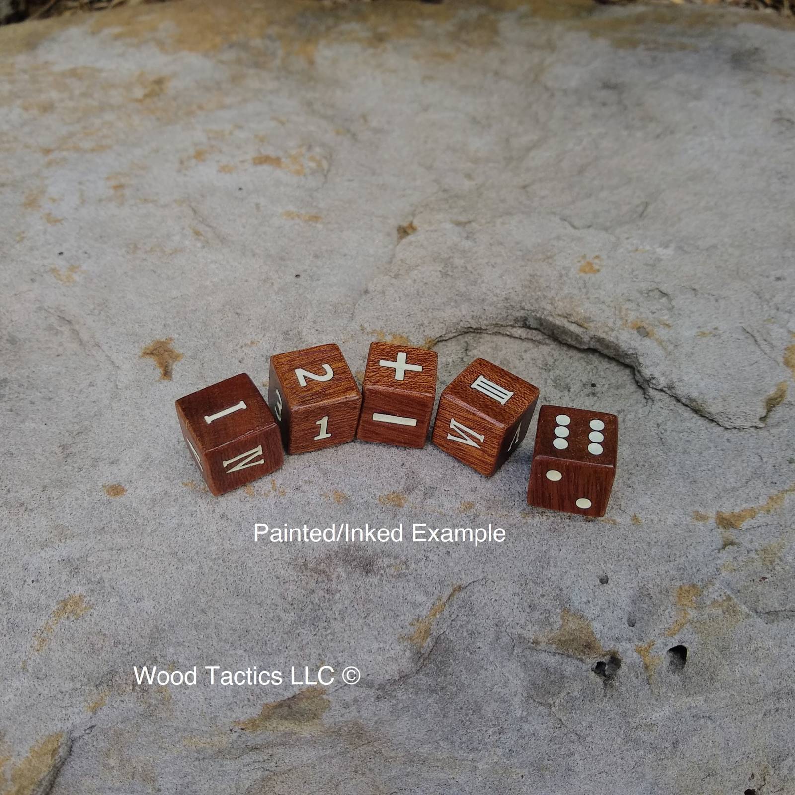 Sapele D6 dice with Pips, Roman Numerals, Fate and Numbers, with ink.