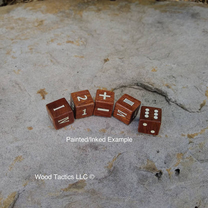Sapele D6 dice with Pips, Roman Numerals, Fate and Numbers, with ink.