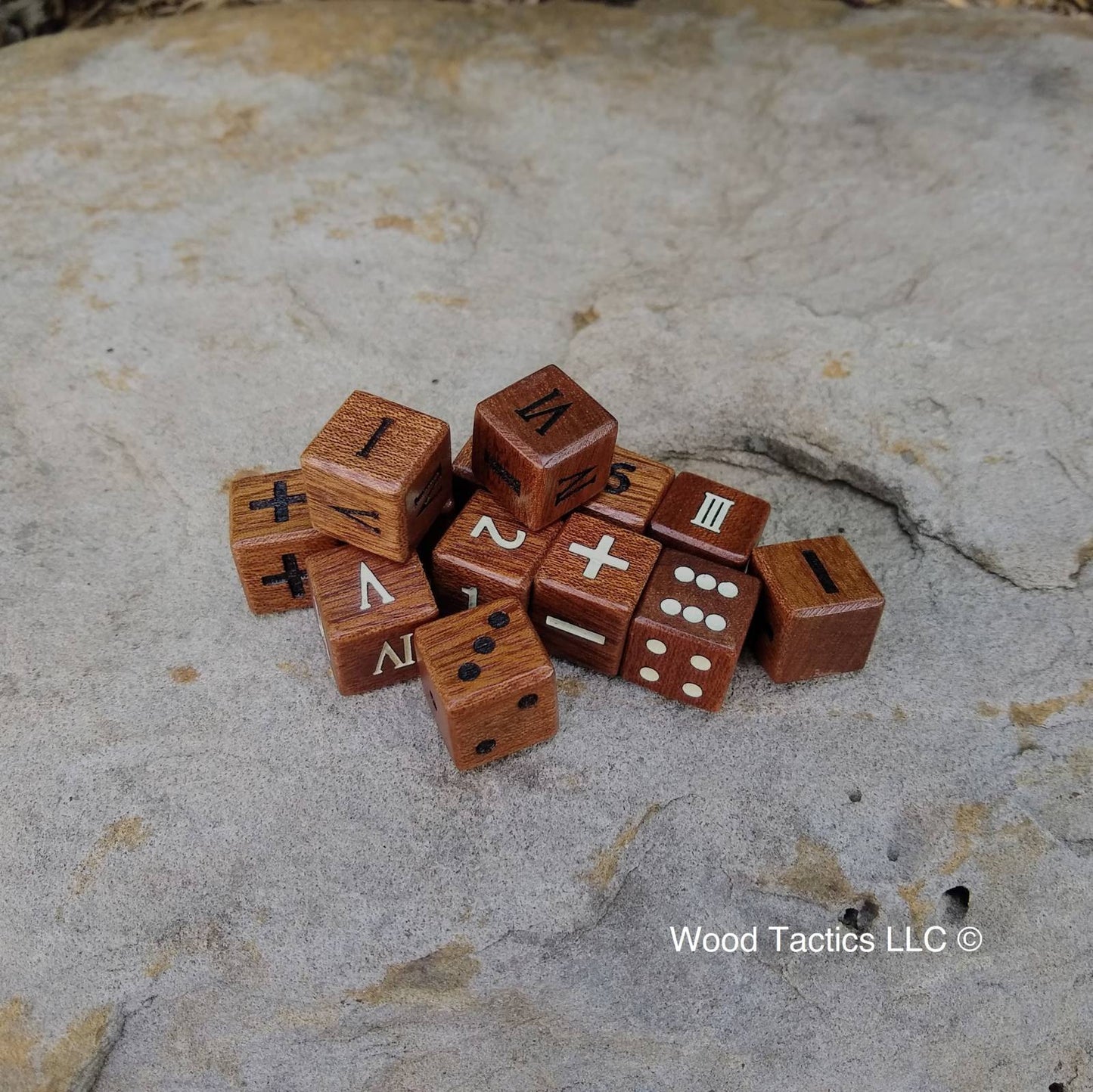 Sapele D6 dice with Pips, Roman Numerals, Fate and Numbers, with and without ink.
