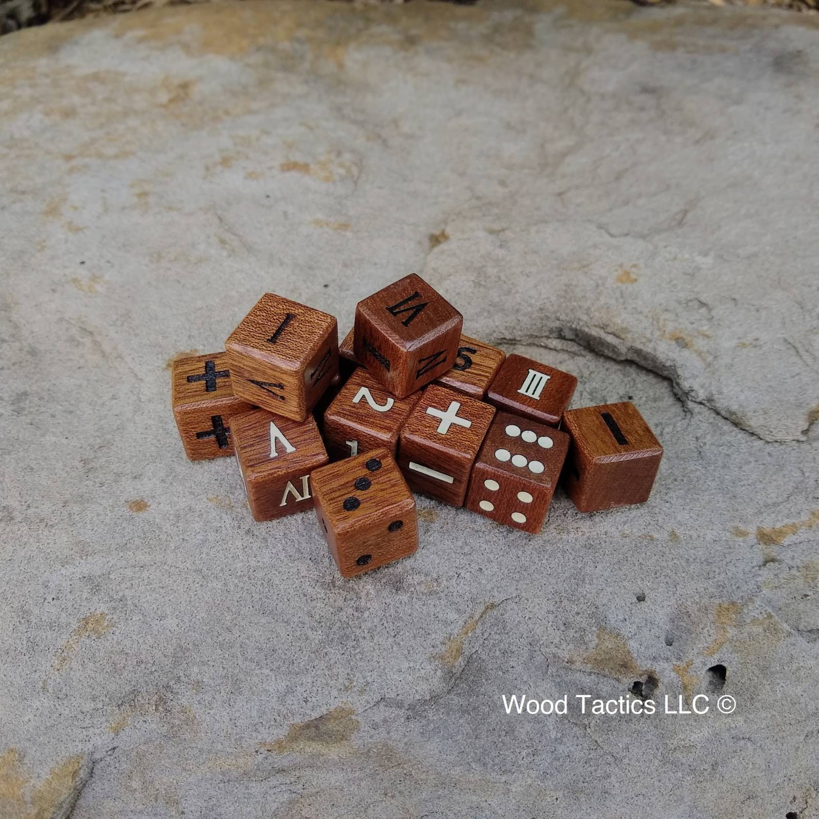 Sapele D6 dice with Pips, Roman Numerals, Fate and Numbers, with and without ink.