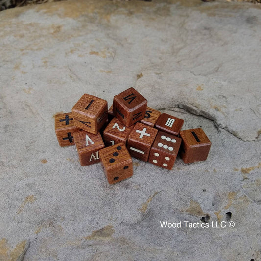 Sapele D6 dice with Pips, Roman Numerals, Fate and Numbers, with and without ink.