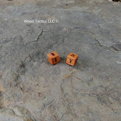 Cherry Hardwood D6 12mm in size Dice with Roman Numerals Symbols.