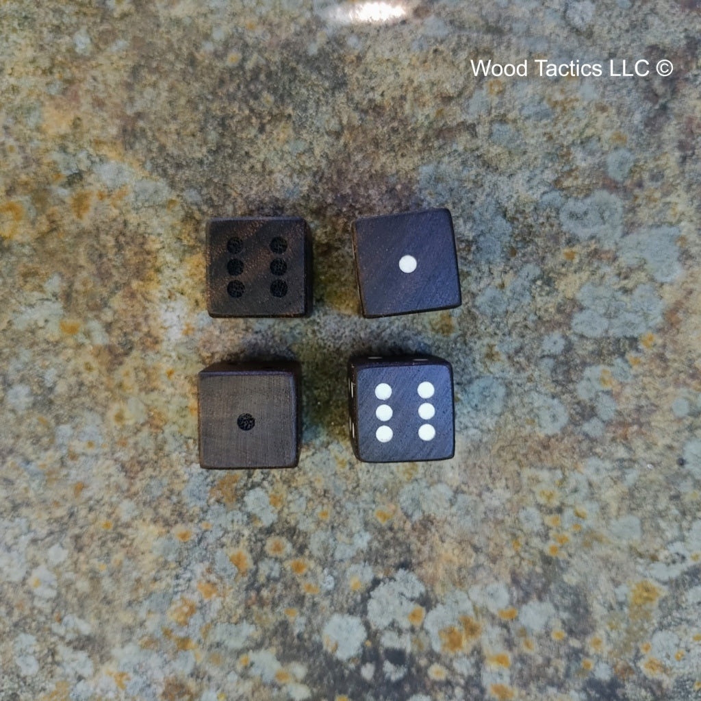 Walnut Hardwood D6 16mm in size Dice with PIPS. Unfilled and Filled End Grain.
