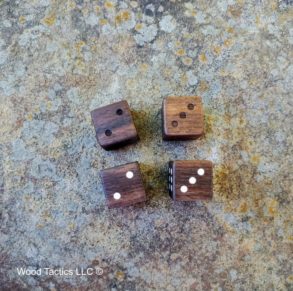 Walnut Hardwood D6 16mm in size Dice with PIPS. Unfilled and Filled Face Grain.