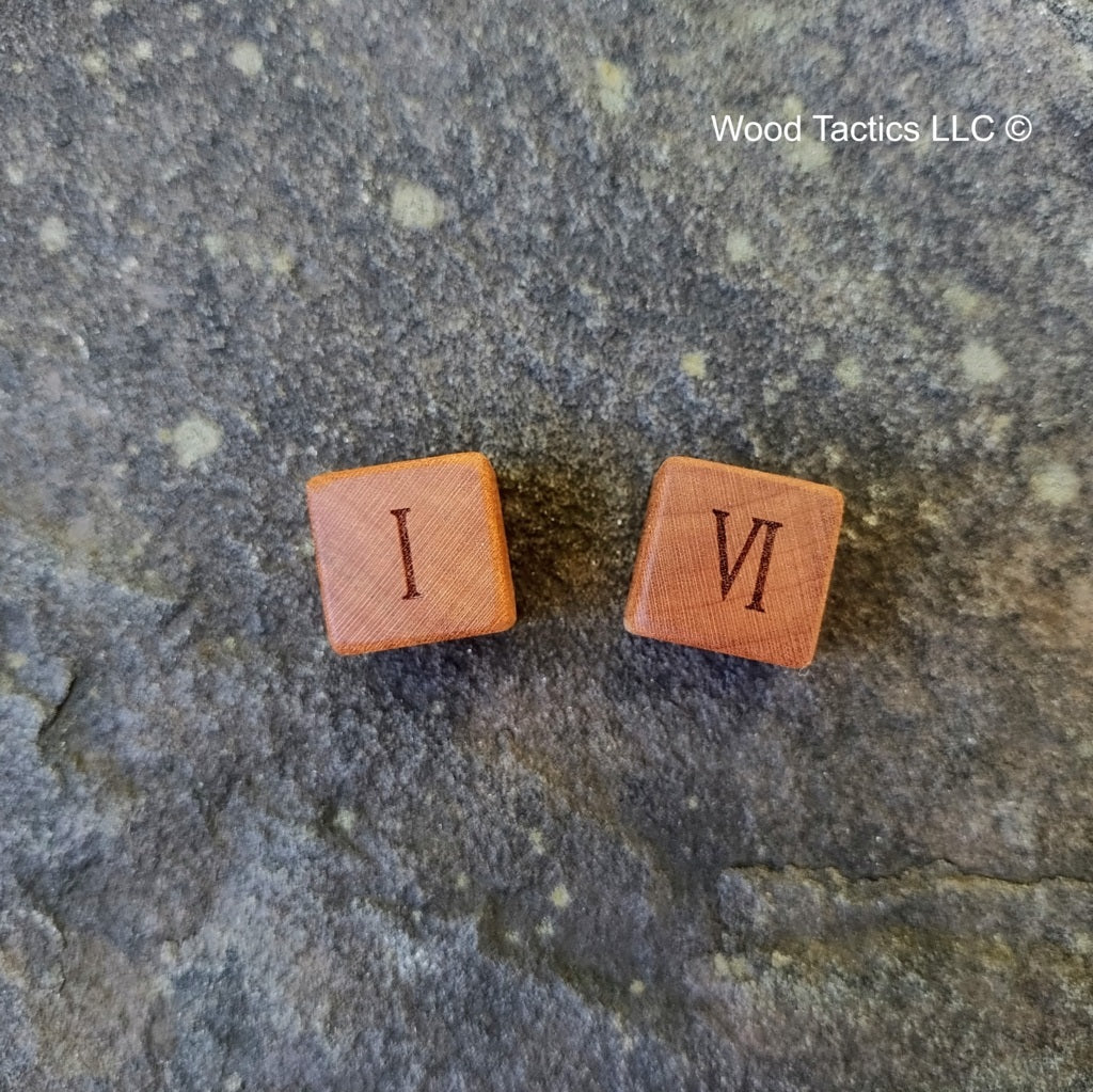 Cherry Hardwood D6 16mm in size Dice with Roman Numerals. End Grain View.