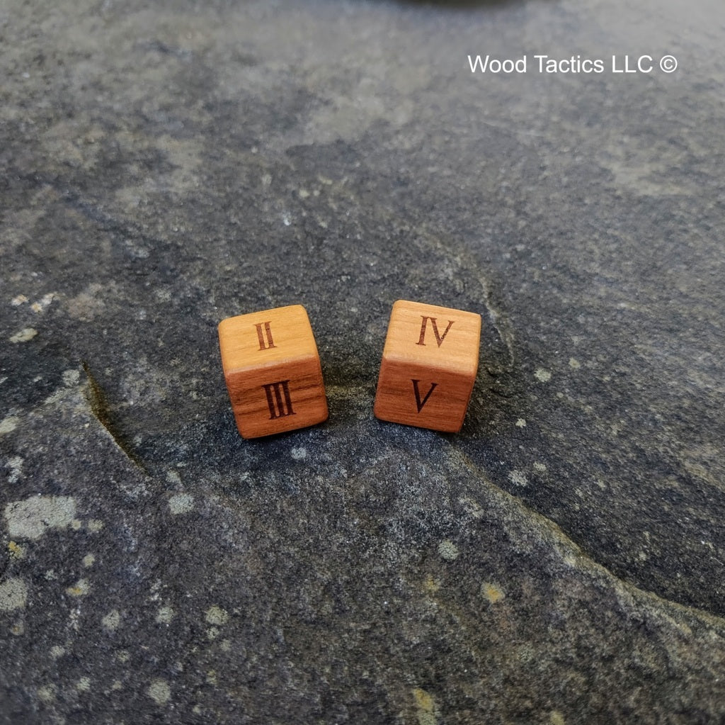 Cherry Hardwood D6 16mm in size Dice with Roman Numerals. Face Grain View.