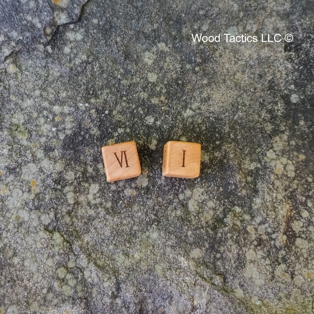 Maple Hardwood D6 16mm in size Dice with Woman Numerals. End Grain View.