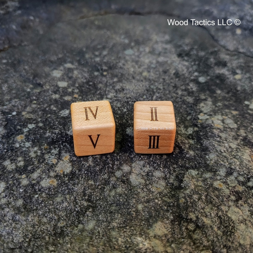 Maple Hardwood D6 16mm in size Dice with Woman Numerals. Face Grain View.