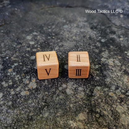 Maple Hardwood D6 16mm in size Dice with Woman Numerals. Face Grain View.