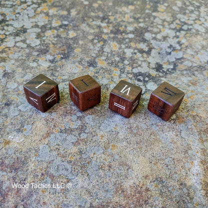 Walnut Hardwood D6 16mm in size Dice with Roman Numerals. Unfilled and Filled.