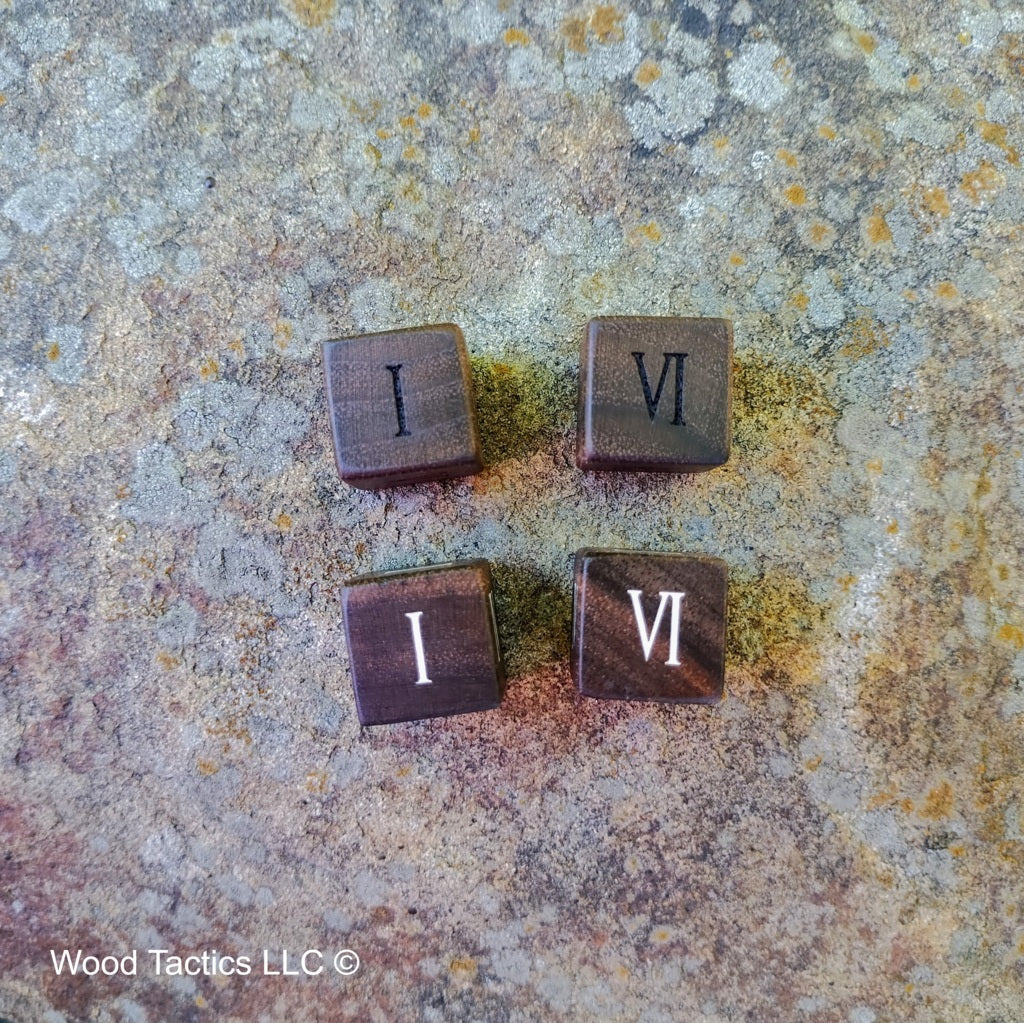 Walnut Hardwood D6 16mm in size Dice with Roman Numerals. Unfilled and Filled End Grain.