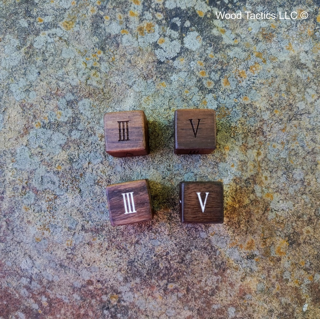 Walnut Hardwood D6 16mm in size Dice with Roman Numerals. Unfilled and Filled Face Grain.