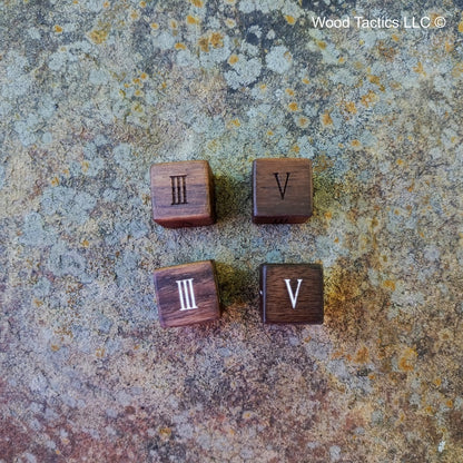 Walnut Hardwood D6 16mm in size Dice with Roman Numerals. Unfilled and Filled Face Grain.