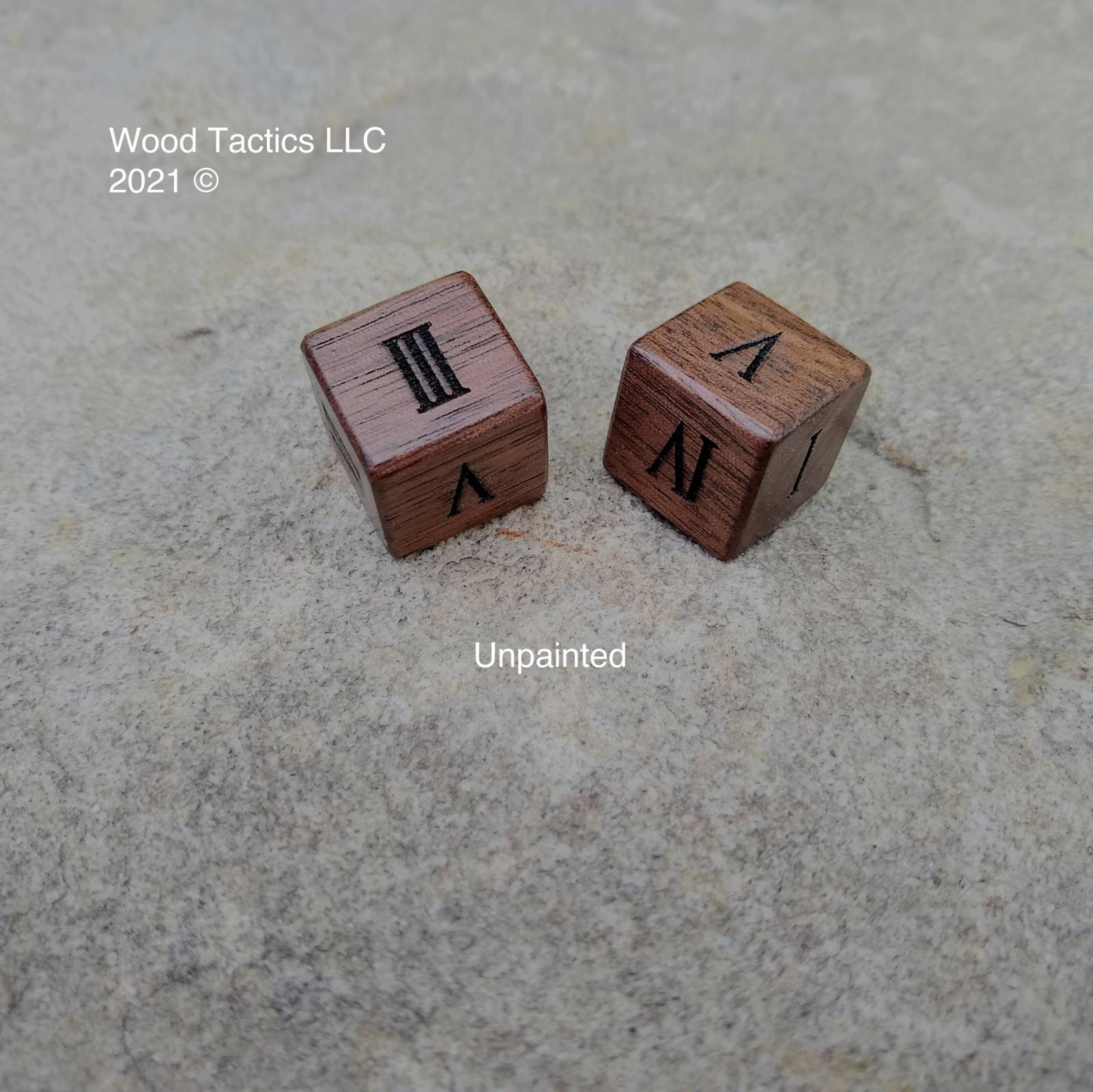 Walnut Hardwood D6 16mm in size Dice with Roman Numerals Symbols. Symbols are not inked.