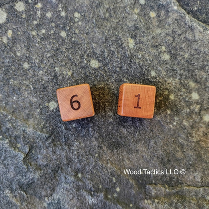 Cherry Hardwood D6 16mm in size Dice with Numbers Symbols. End Grain View.