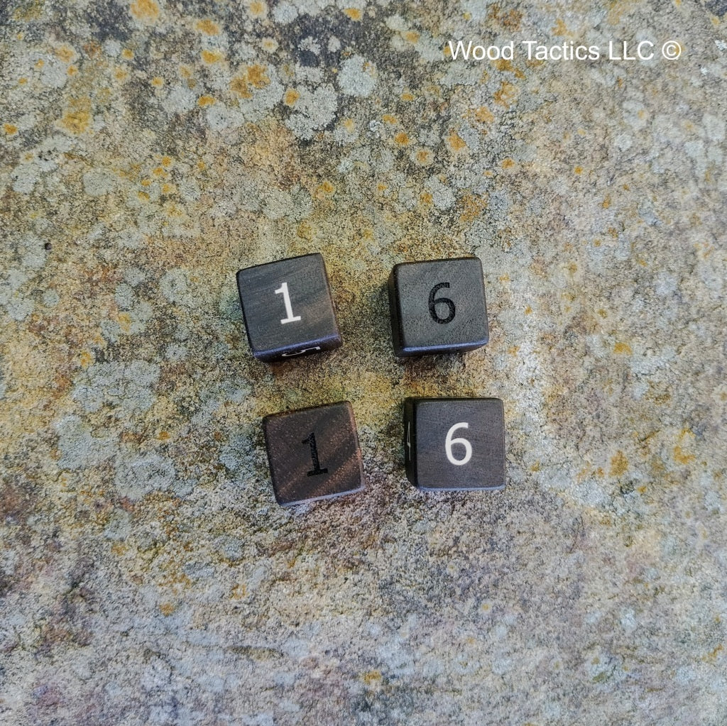 Walnut Hardwood D6 16mm in size Dice with Standard Numbers. Unfilled and Filled End Grain.
