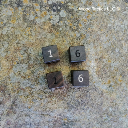 Walnut Hardwood D6 16mm in size Dice with Standard Numbers. Unfilled and Filled End Grain.