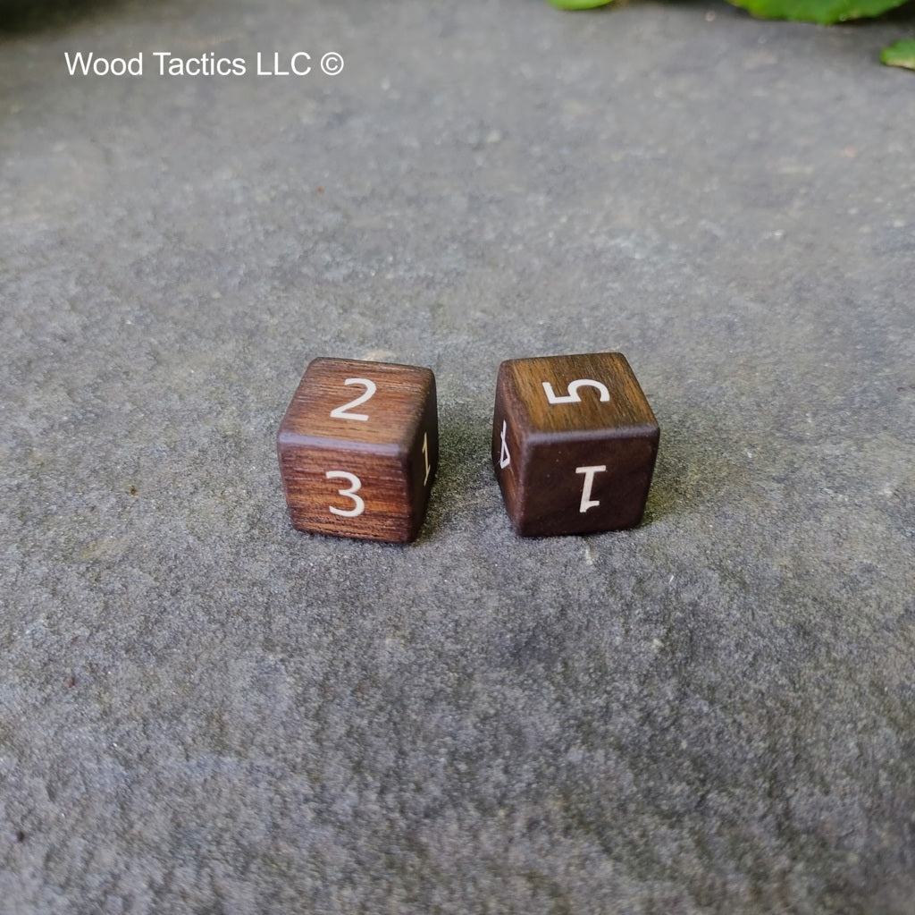 Walnut Hardwood D6 16mm in size Dice with Standard Numbers. Unfilled and Filled.