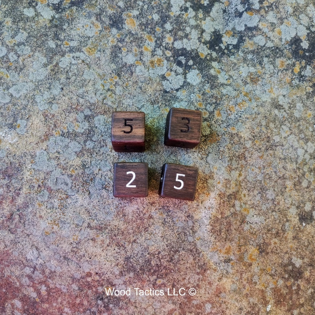 Walnut Hardwood D6 16mm in size Dice with Standard Numbers. Unfilled and Filled Face Grain.