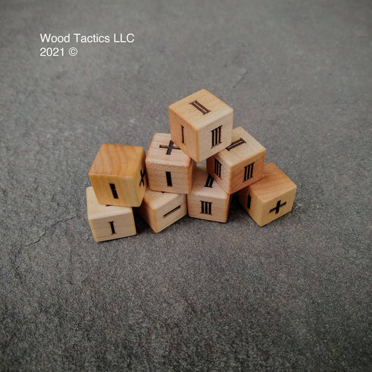 Maple Hardwood D6 16mm in size Dice with Pips, Numbers, Roman Numerals and Fate Symbols. 
