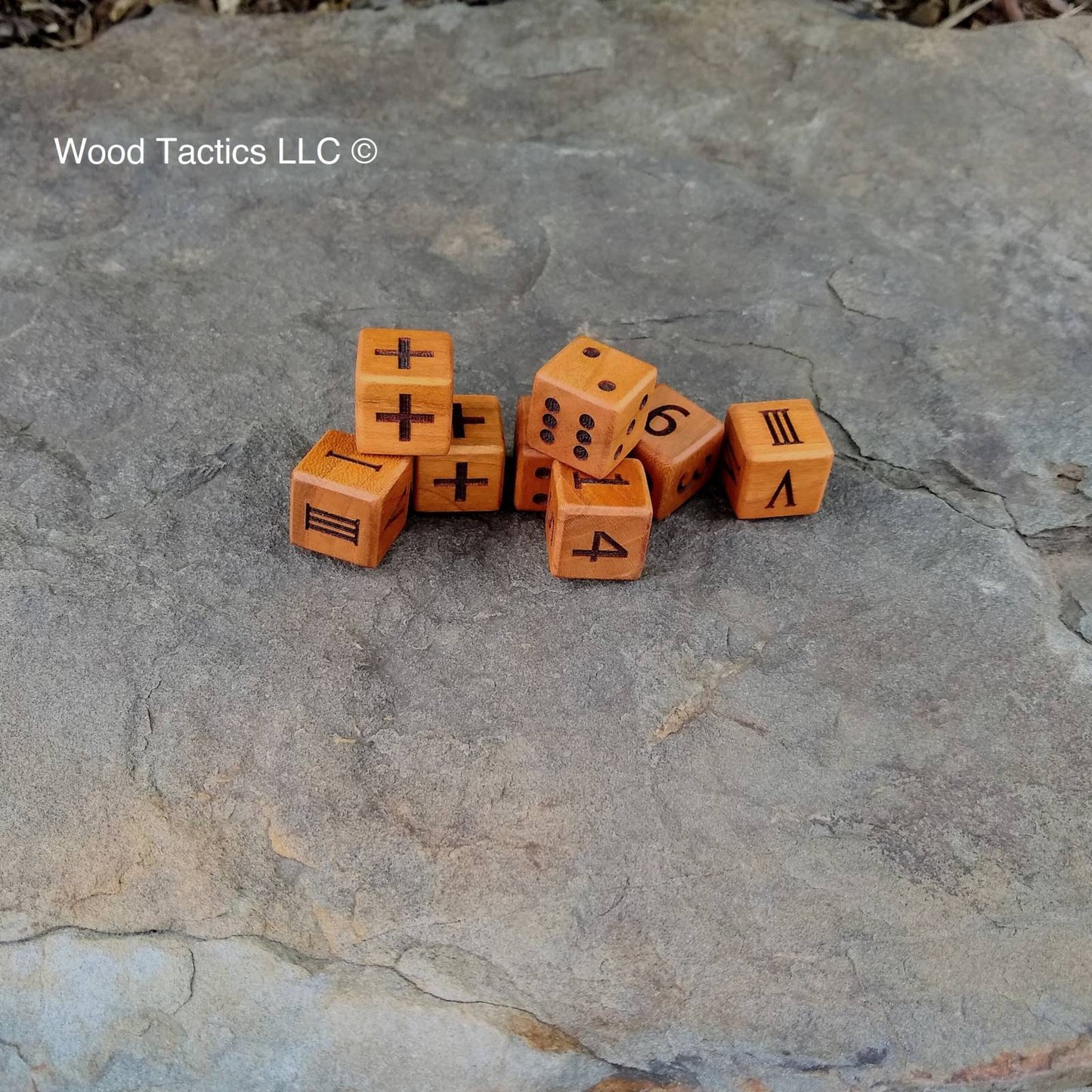 Cherry Hardwood D6 19mm in size Dice with Pips, Numbers, Roman Numerals and Fate Symbols. 