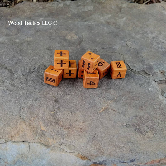 Cherry Hardwood D6 19mm in size Dice with Pips, Numbers, Roman Numerals and Fate Symbols. 