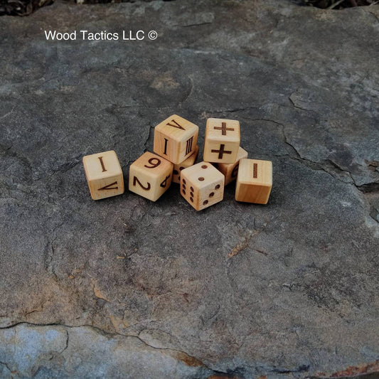 Maple Hardwood D6 19mm in size Dice with Pips, Numbers, Roman Numerals and Fate Symbols. 