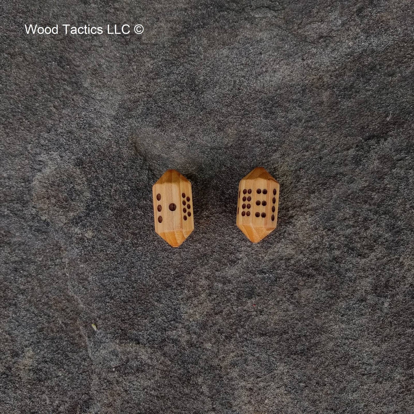 Hickory Hardwood Barrell D8 Dice with Pip symbols.