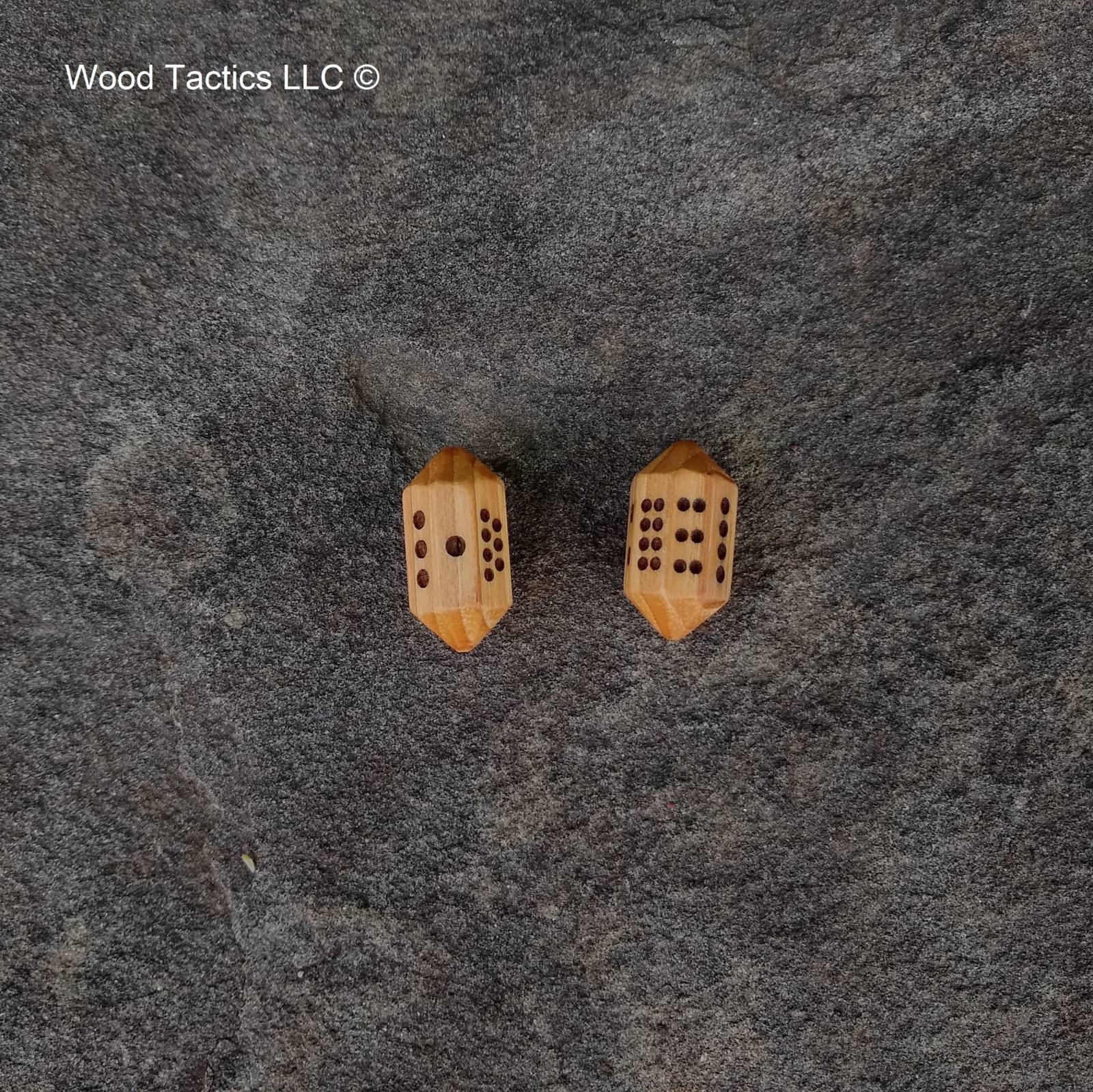 Hickory Hardwood Barrell D8 Dice with Pip symbols.