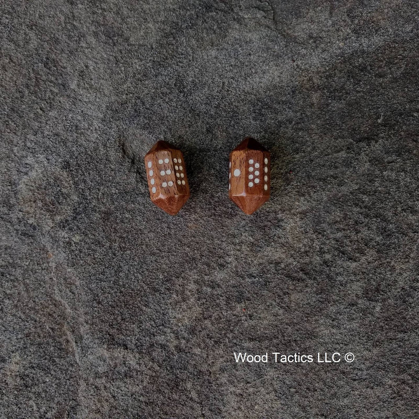 Walnut Hardwood Barrell D8 Dice with Pips Symbols. Symbols are inked in white.