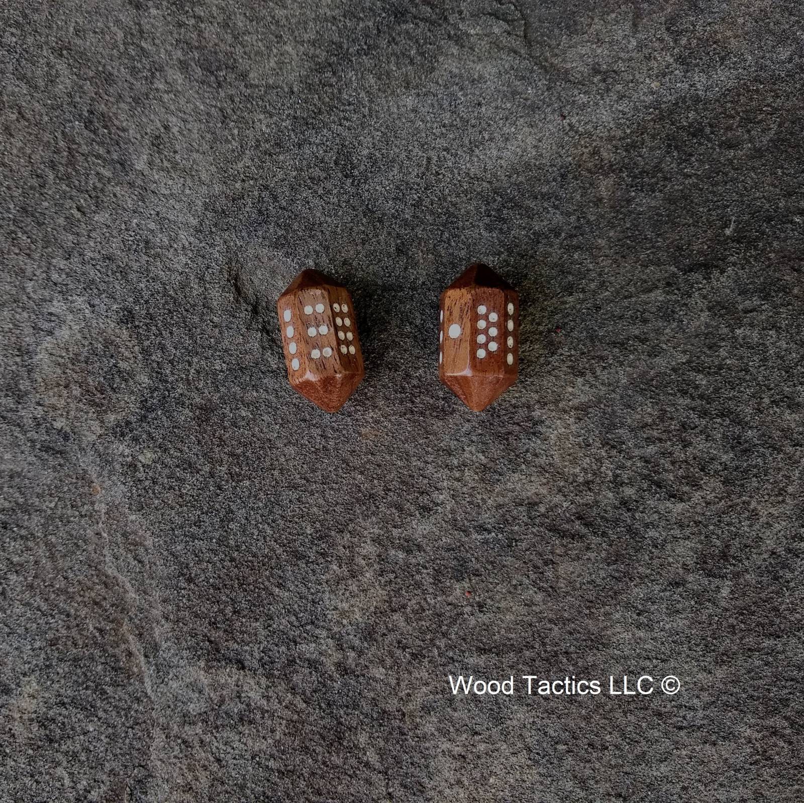 Walnut Hardwood Barrell D8 Dice with Pips Symbols. Symbols are inked in white.