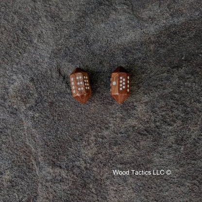 Walnut Hardwood Barrell D8 Dice with Pips Symbols. Symbols are inked in white.