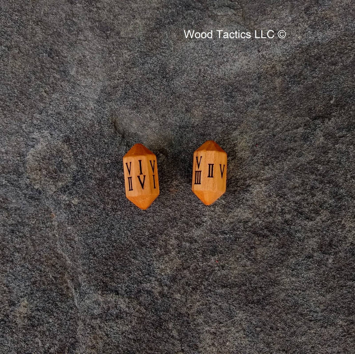 Cherry Hardwood Barrell D8 Dice with Roman Numerals Symbols. 