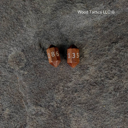 Walnut Hardwood Barrell D8 Dice with Numbers Symbols. Symbols are inked in white.
