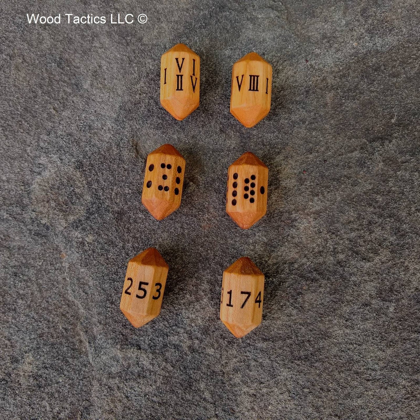 Cherry Hardwood Barrell D8 Dice with Pips, Numbers and Roman Numerals Symbols. 