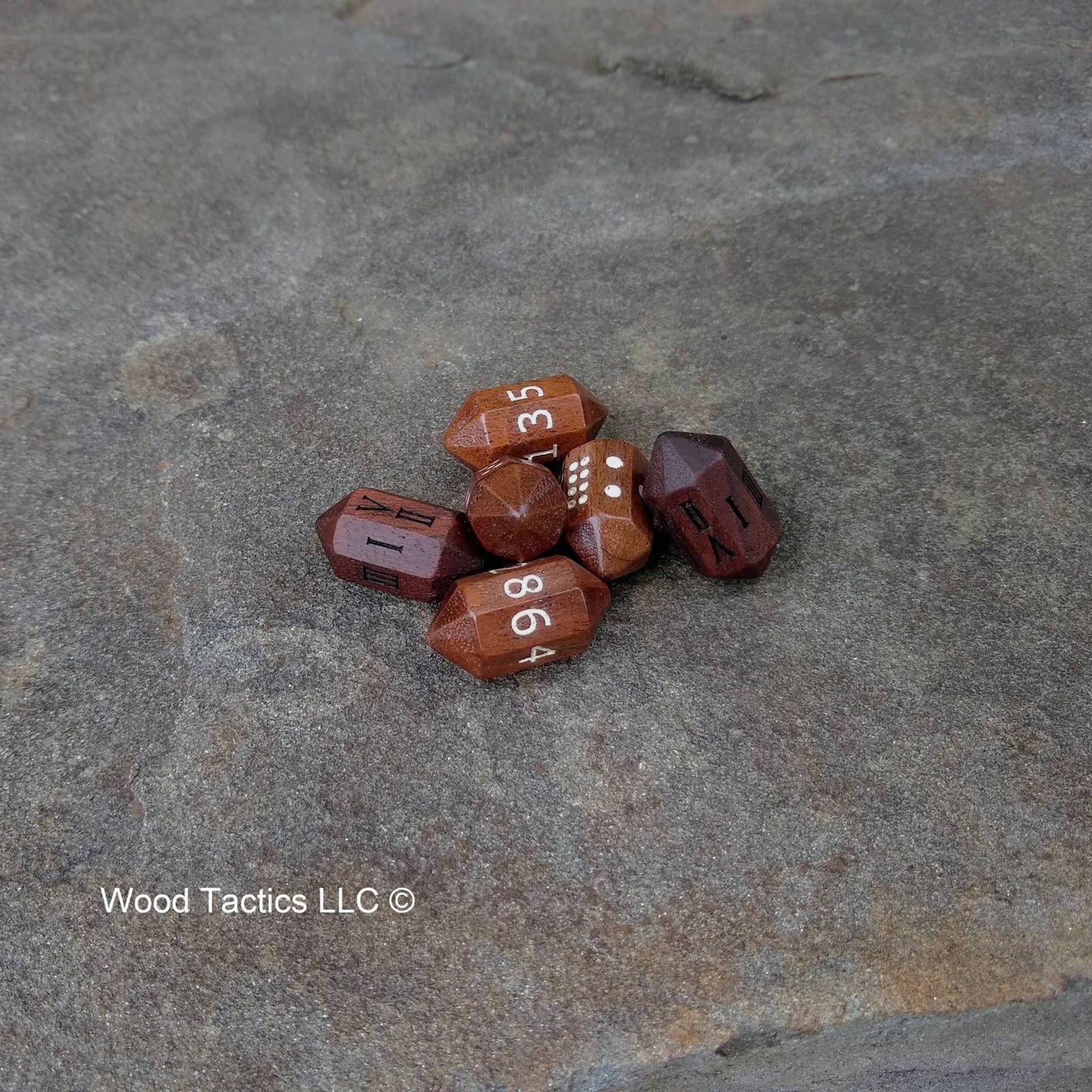 Walnut Hardwood Barrell D8 Dice with Pips, Numbers and Roman Numerals Symbols. 