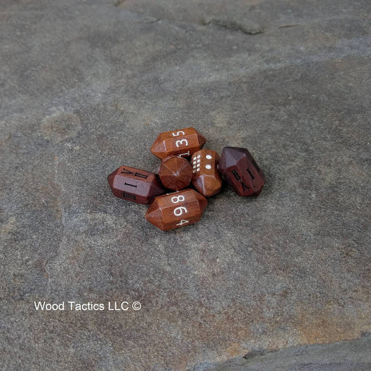 Walnut Hardwood Barrell D8 Dice with Pips, Numbers and Roman Numerals Symbols. 