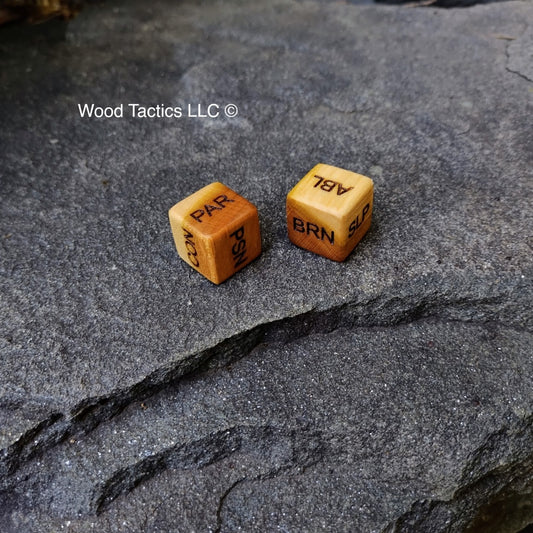 D6 Damage Counter Dice for Pokémon TCG made from Variegated Cherry Hardwood, with custom letters for status's
