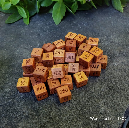 D6 Damage Counter Dice for Pokémon TCG made from Farmhouse Cherry Hardwood, Counting in the 10's going from 360 to 10