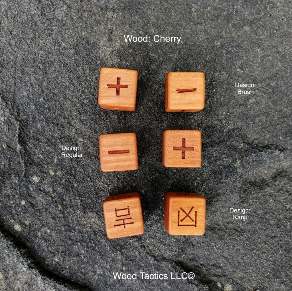 Cherry Hardwood Fate RPG dice with Regular, Kanji and Brush Symbols.