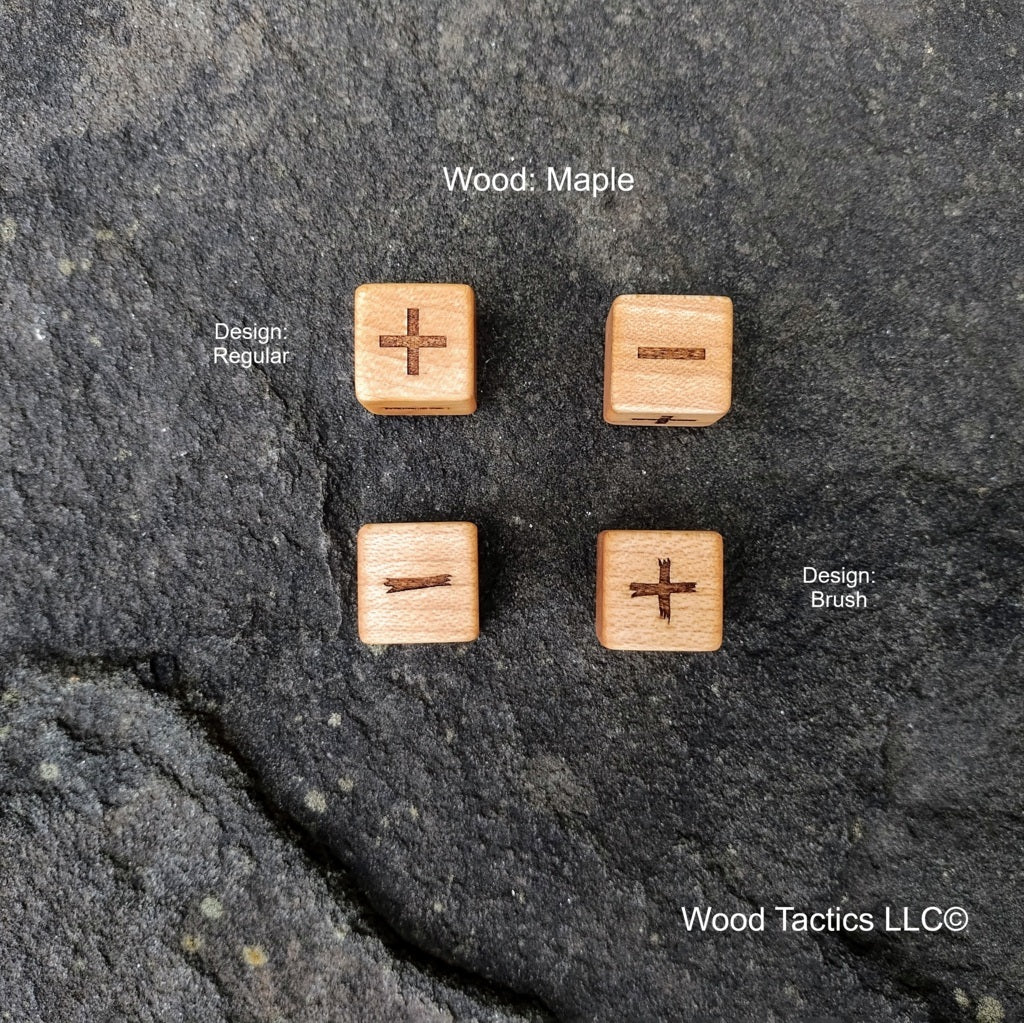 Maple Hardwood Fate RPG dice with Regular and Brush Symbols.