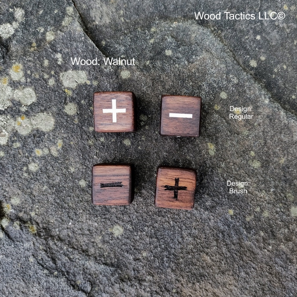 Walnut Hardwood Fate RPG dice with Regular and Brush Symbols.