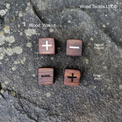 Walnut Hardwood Fate RPG dice with Regular and Brush Symbols.