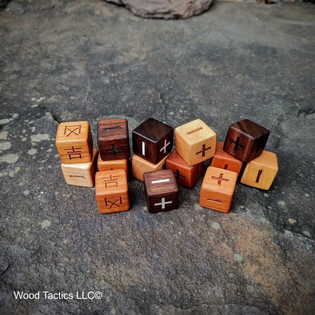 Cherry, Maple and Walnut Hardwood Fate RPG dice with Regular, Kanji and Brush Symbols.